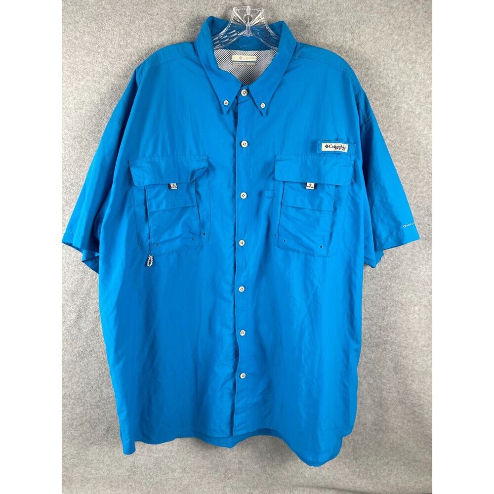 Columbia PFG Shirt Men's Size 2XL Blue Short Sleeve Vented Caped Fishing STAIN